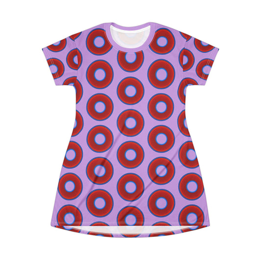 Not a Muumuu AOP Tee Shirt Dress - red vivid donuts w/wisteria purple background