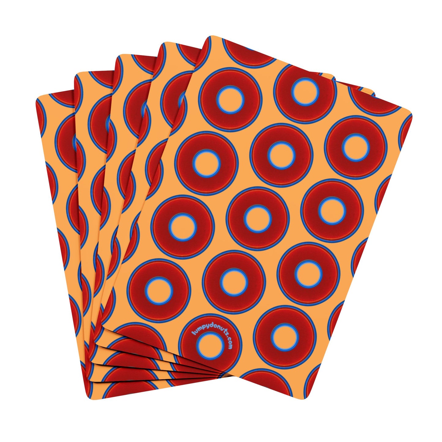 Lumpy Donut Playing Decks - 52-cards - red vivid donuts w/creamsicle orange background