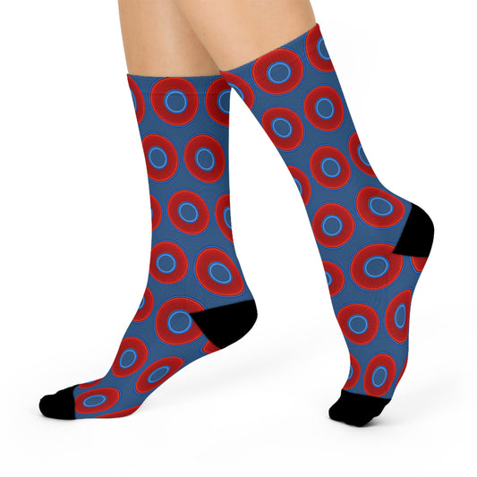 Lumpy Sox - cushioned crew - vivid red donut print w/light navy blue background