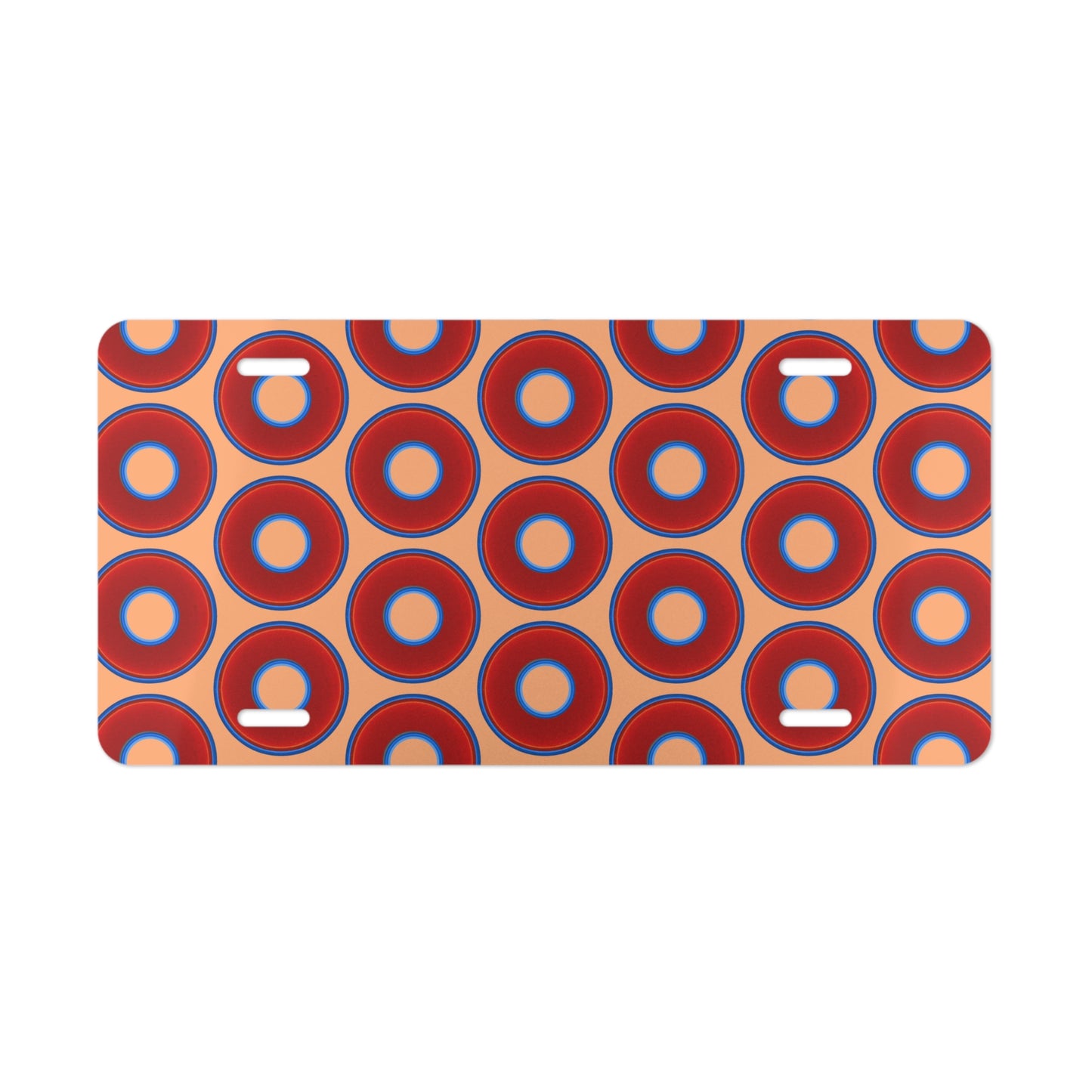 Lumpy Donut Vanity Plate - red vivid donut print w/peach background