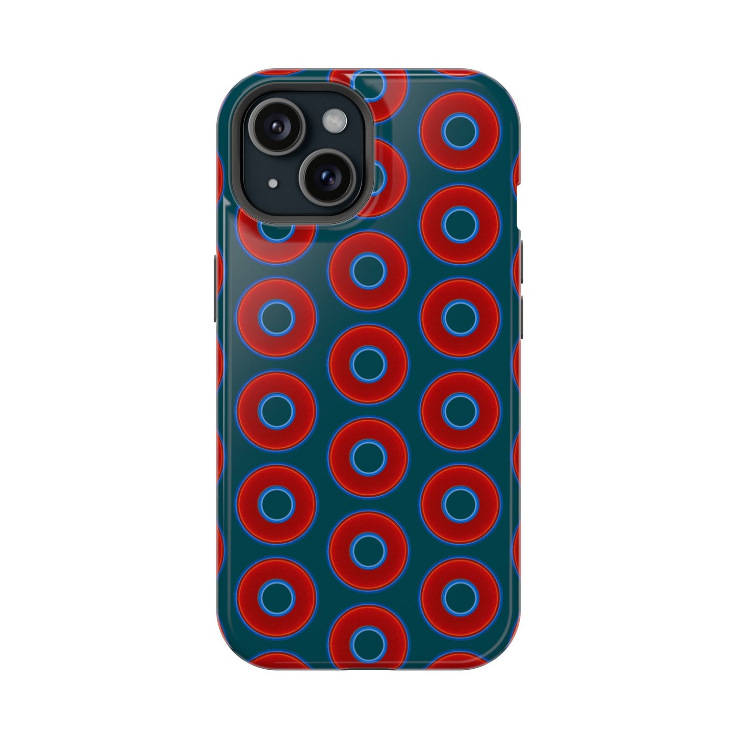 Impact-Resistant Lumpy Donut Case - red vivid donut print w/midnight green background