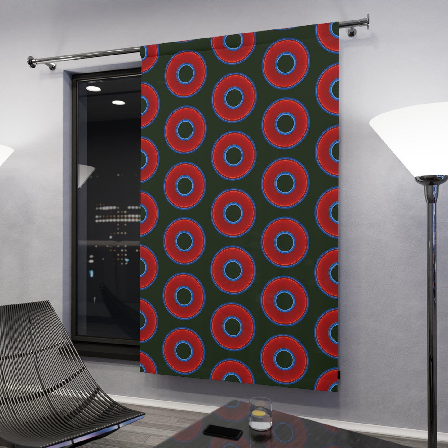 Lump's Heady Curtain w/Donuts - vivid red donut print - w/deep forest green background - [*1 Piece / 50" x 84"]