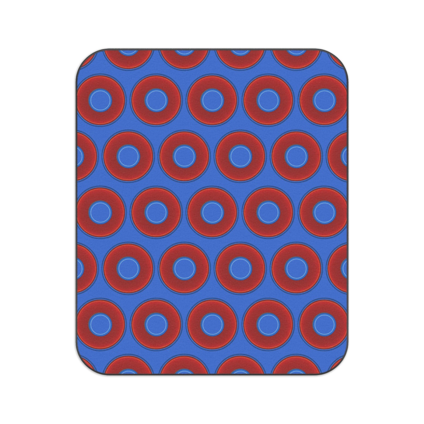 The Lumpy Party Blanket - giant water-resistant outdoor blanket [61" x 51"] - vivid red donuts w/medium royal blue background