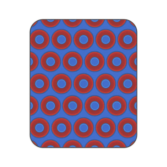 The Lumpy Party Blanket - giant water-resistant outdoor blanket [61" x 51"] - vivid red donuts w/medium royal blue background