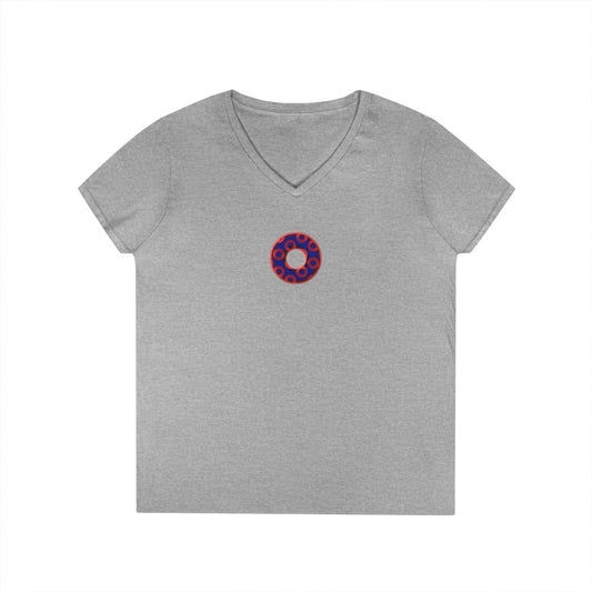 Women's Donut V-Neck Tee - "Paradox Kaleidoscope Donuts" - rustic donut w/hole - variant 1