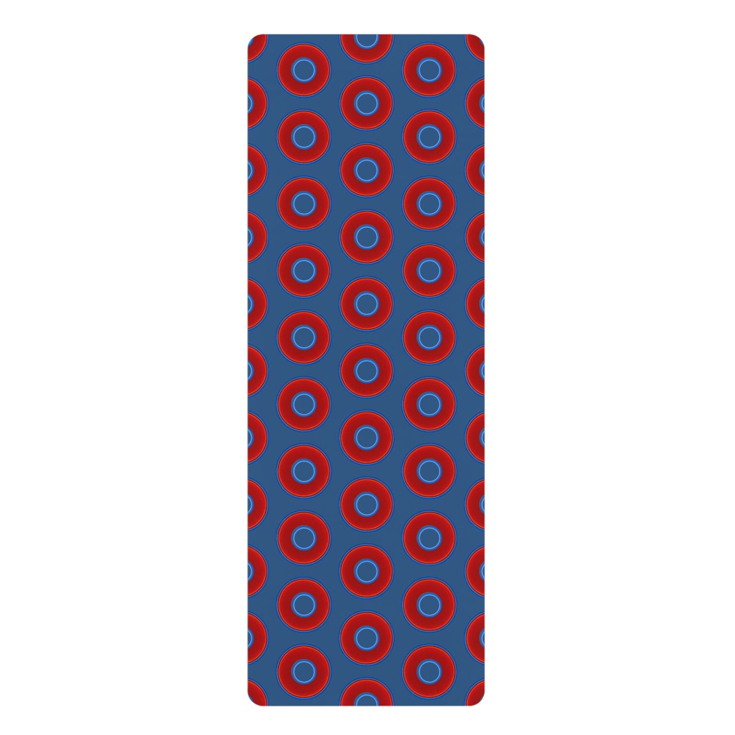Lumpy Donut Yoga Mat :) - 24″ x 70" - vivid red donut print w/light navy blue background