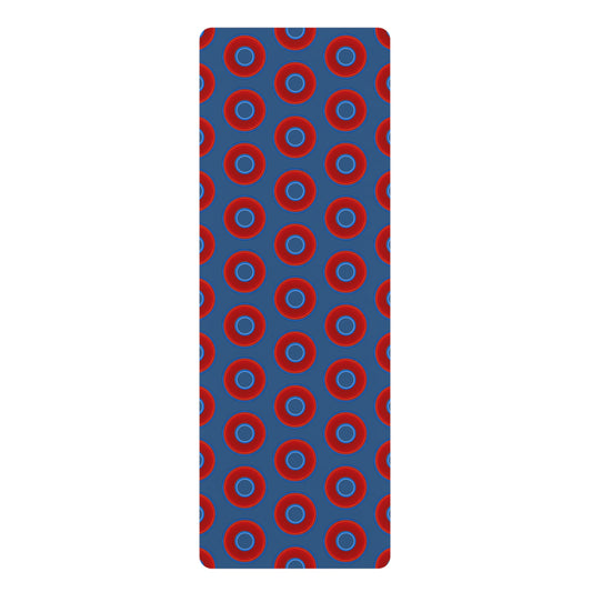 Lumpy Donut Yoga Mat :) - 24″ x 70" - vivid red donut print w/light navy blue background