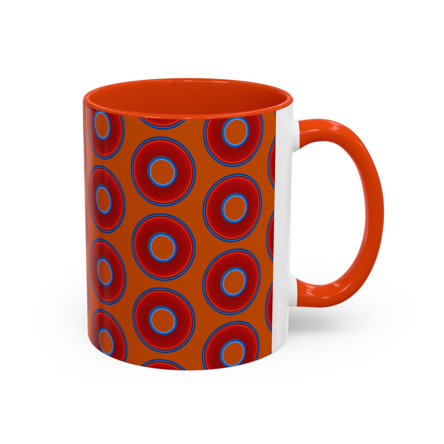 Lump's Grumpy Coffee Mug - vivid red donuts w/dark orange background