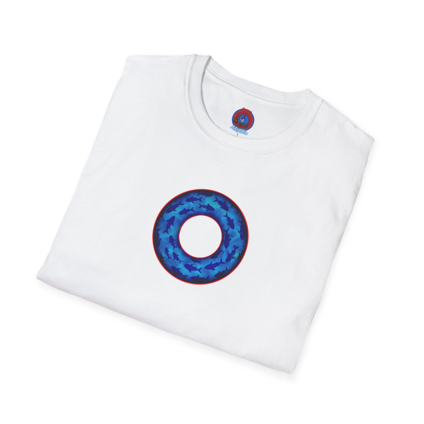 Classic Donut Tee - Unisex Soft-Style - "Skoolie of Phishies" - vivid sea donut - w/darker blue water - variant 2
