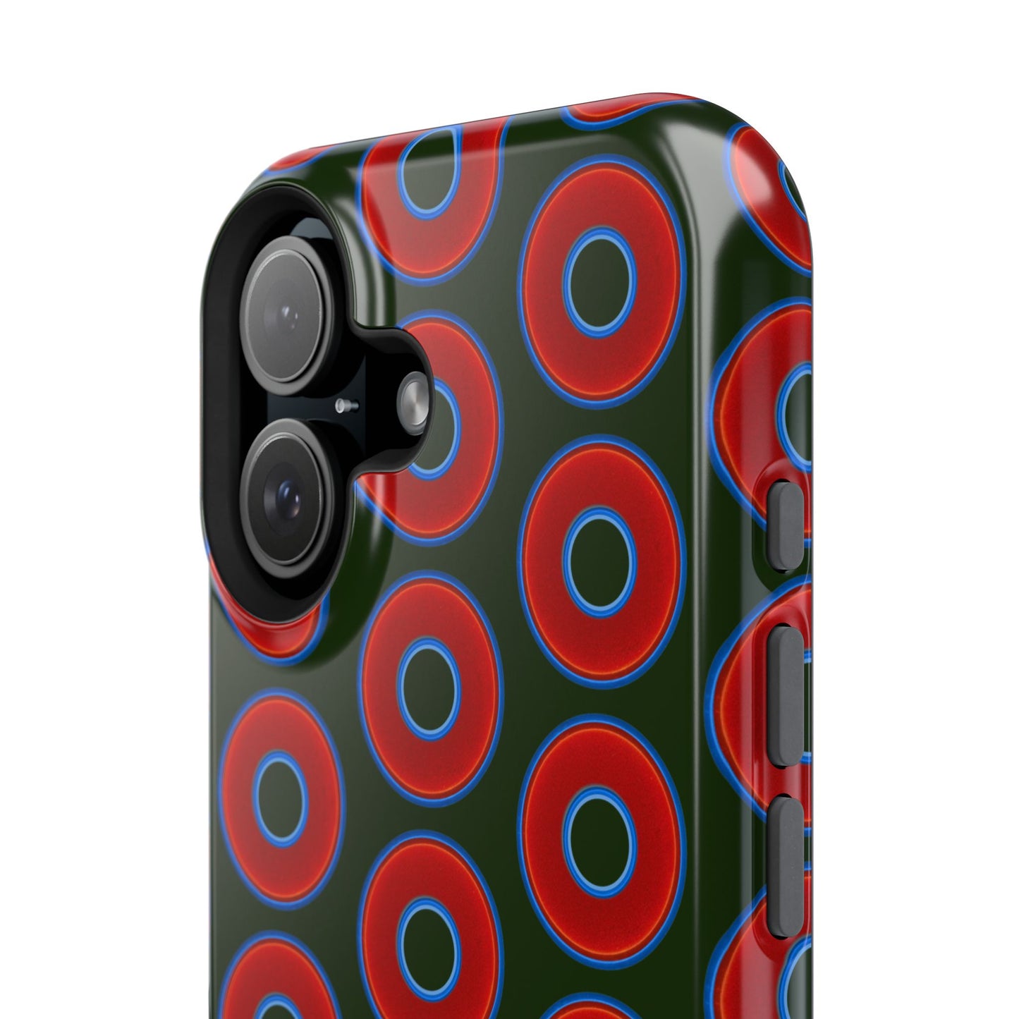 Impact-Resistant Lumpy Donut Case - red vivid donut print w/deep forest green background
