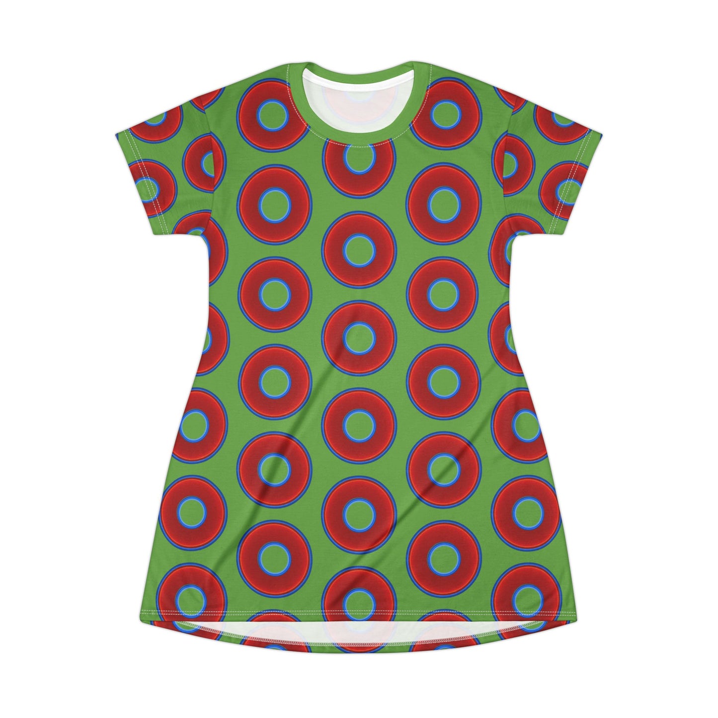 Not a Muumuu AOP Tee Shirt Dress - red vivid donuts w/light green background