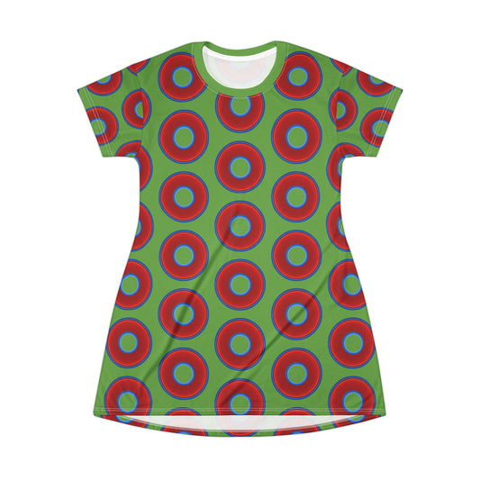 Not a Muumuu AOP Tee Shirt Dress - red vivid donuts w/light green background