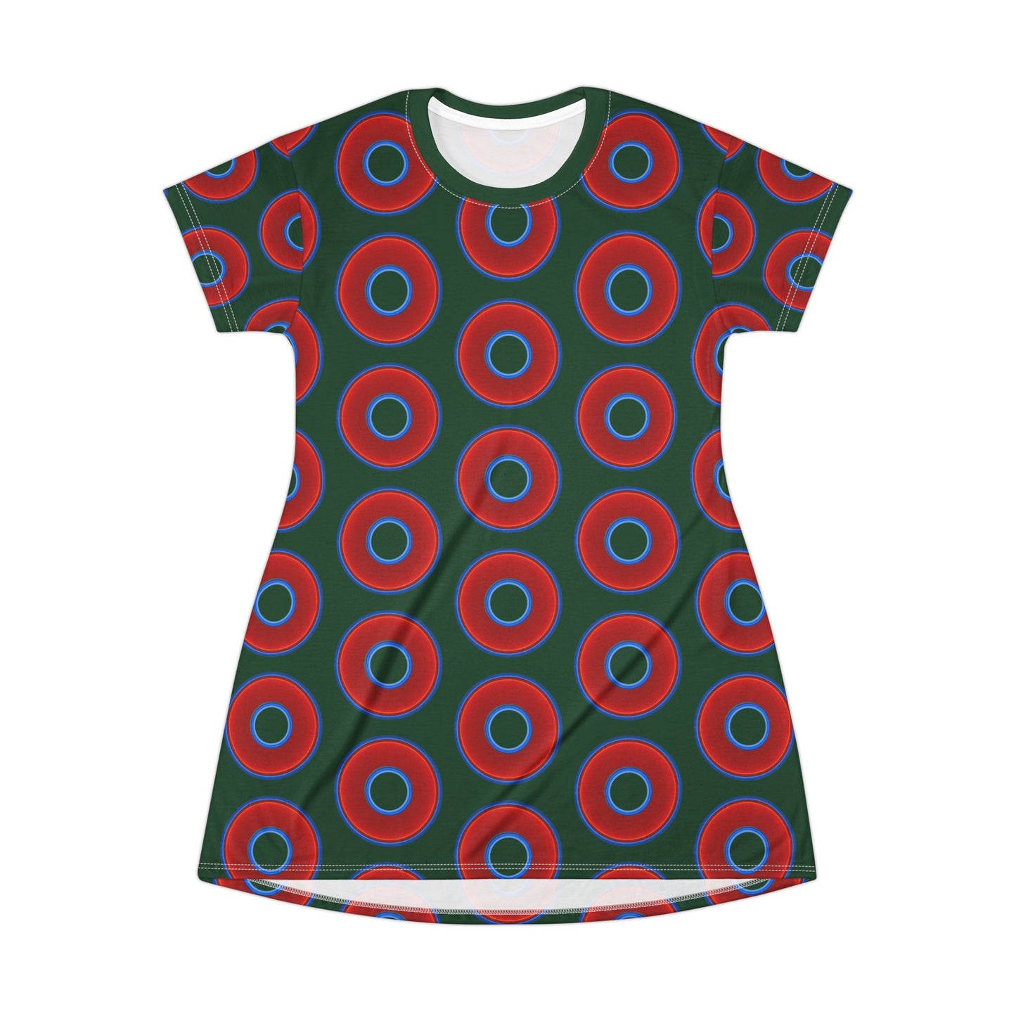 Not a Muumuu AOP Tee Shirt Dress - red vivid donuts w/deep pond green background