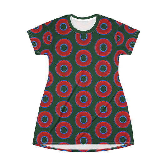 Not a Muumuu AOP Tee Shirt Dress - red vivid donuts w/deep pond green background
