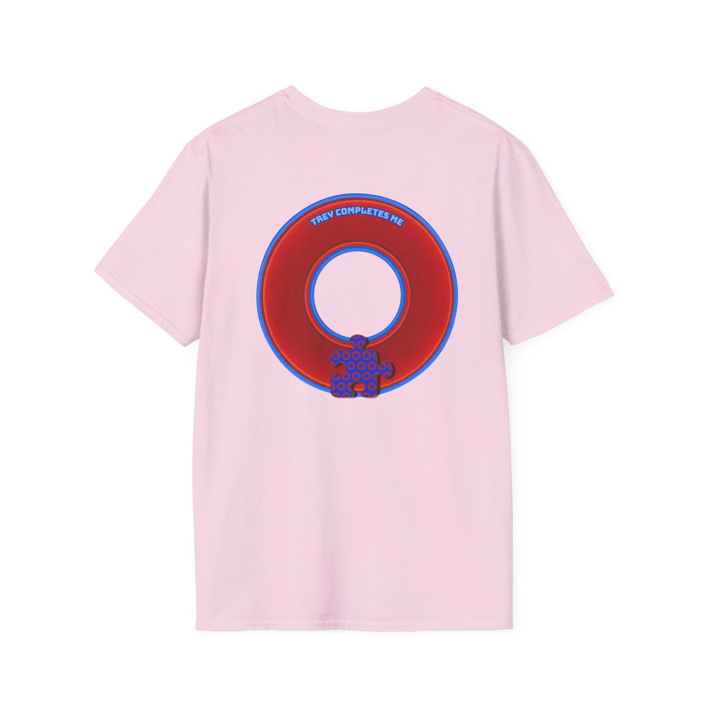 Classic Donut Tee - Unisex Soft-Style - "Trey's Completed Donut" - vivid red/blue donut