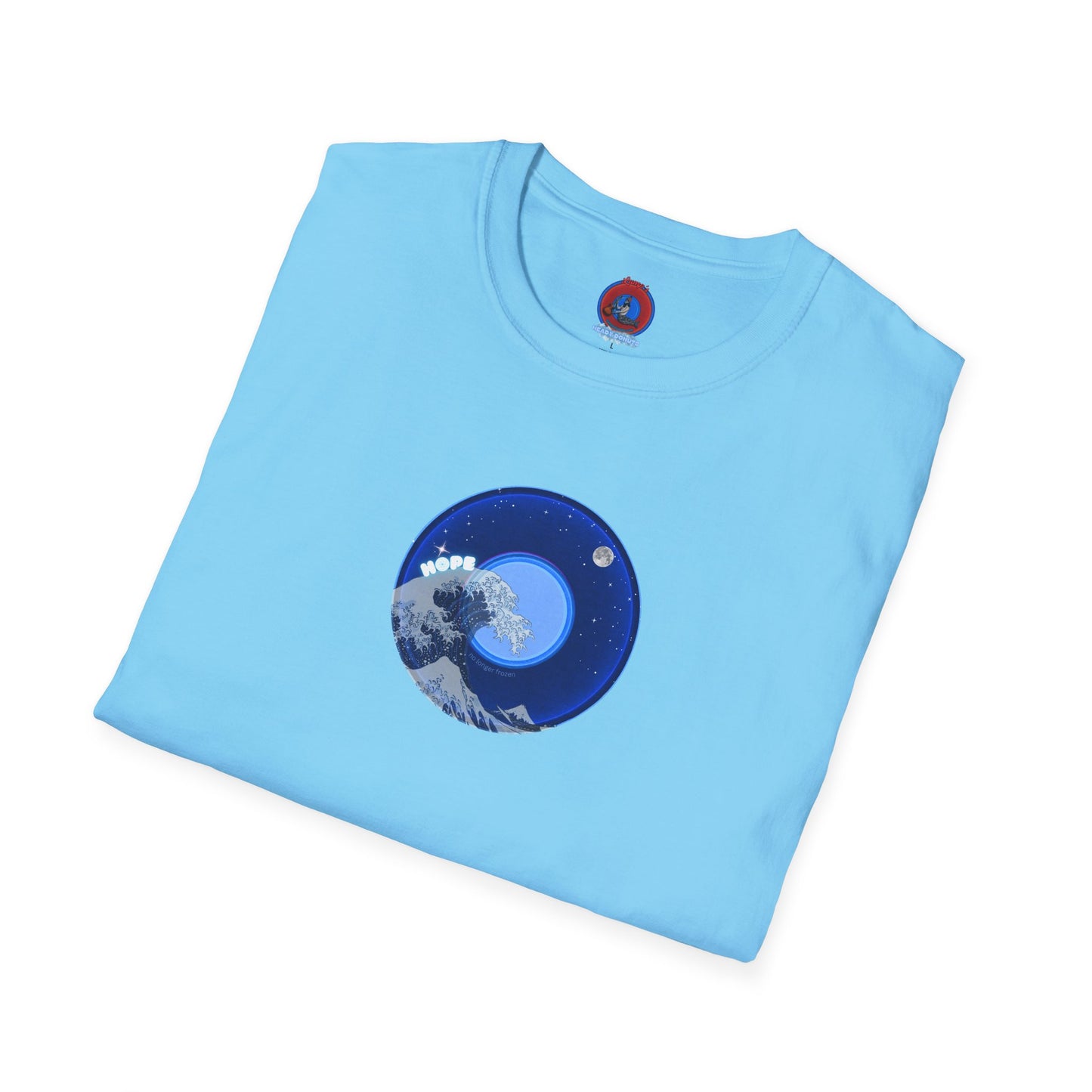 Classic Donut Tee - Unisex Soft-Style - "The Hopeful Waving Donut" - variant 2 - vivid blue donut