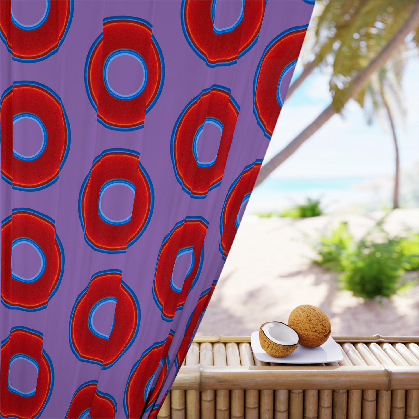 Lump's Heady Curtain w/Donuts - vivid red donut print - w/light purple background - [*1 Piece / 50" x 84"]