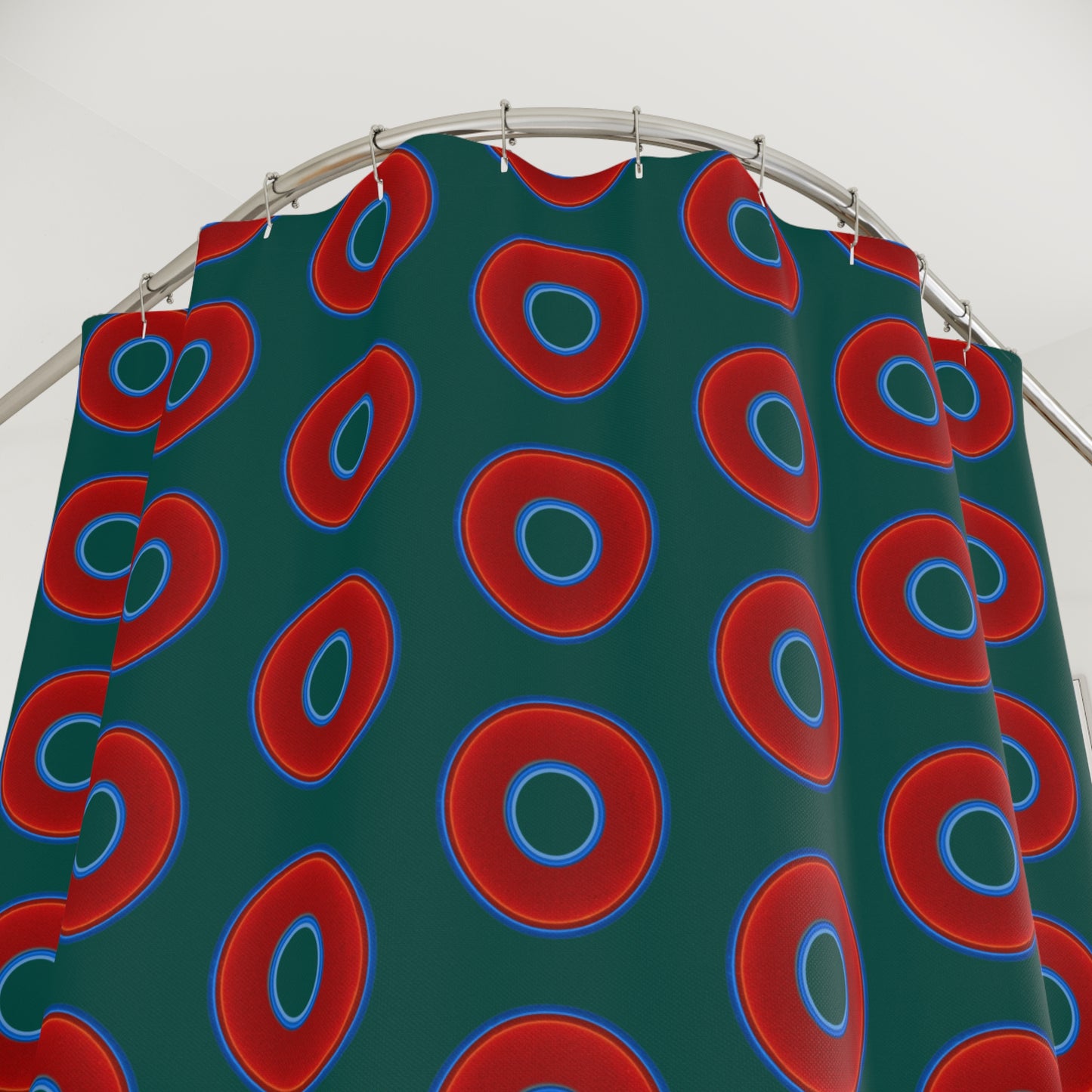 The Curtain With "Donuts" - Lumpy Bath Time Fun - vivid red donuts w/dark Fenway green background