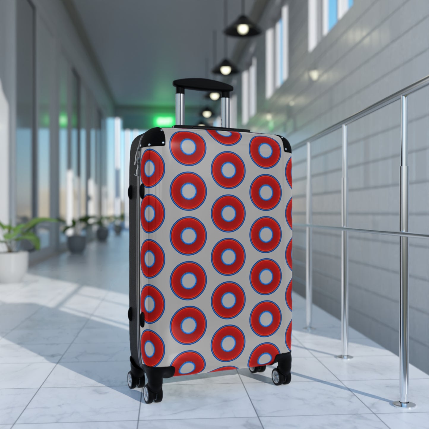 The Very Lumpy Donut Suitcase series - your choice of S, M or L - vivid red donut print w/light gray background