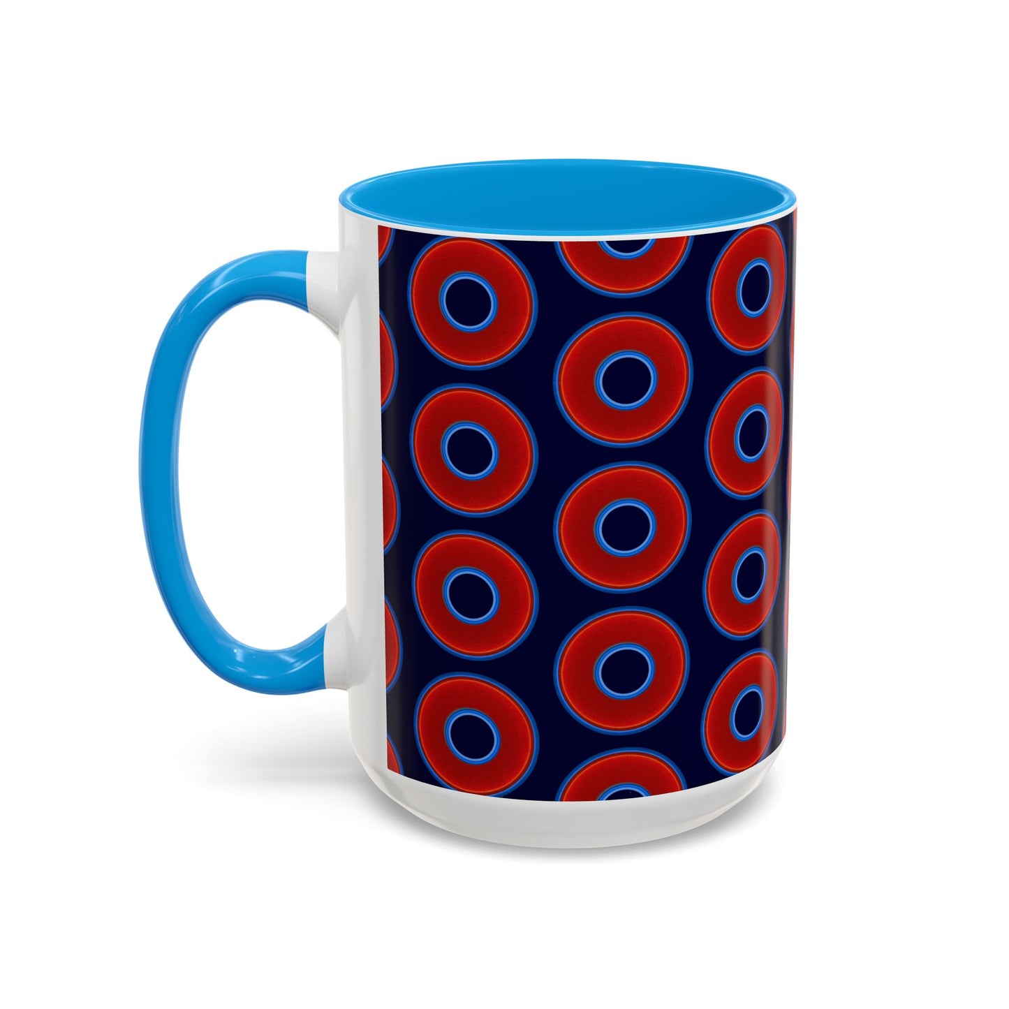 Lump's Grumpy Coffee Mug - vivid red donuts w/midnight blue background