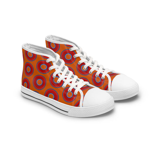 Women's High Top Chuck Taylors - large vivid red donut print w/dark orange background
