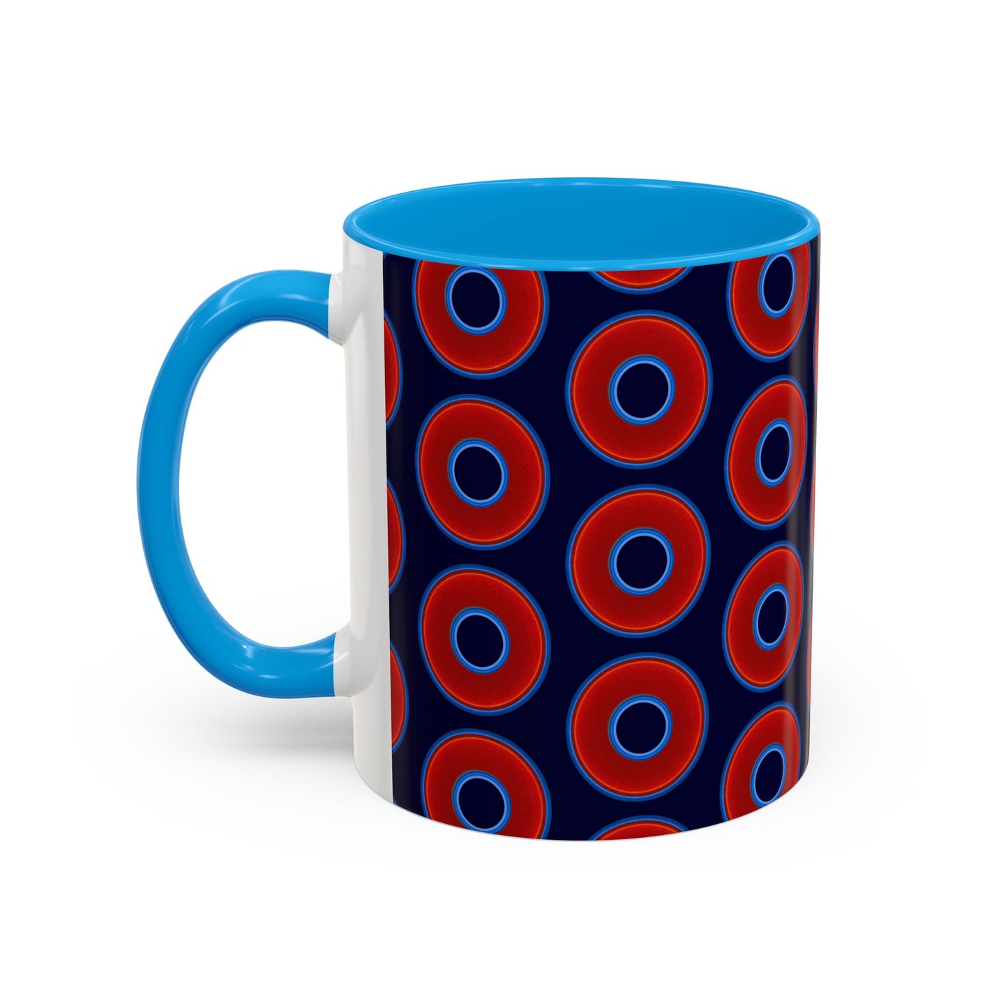 Lump's Grumpy Coffee Mug - vivid red donuts w/midnight blue background
