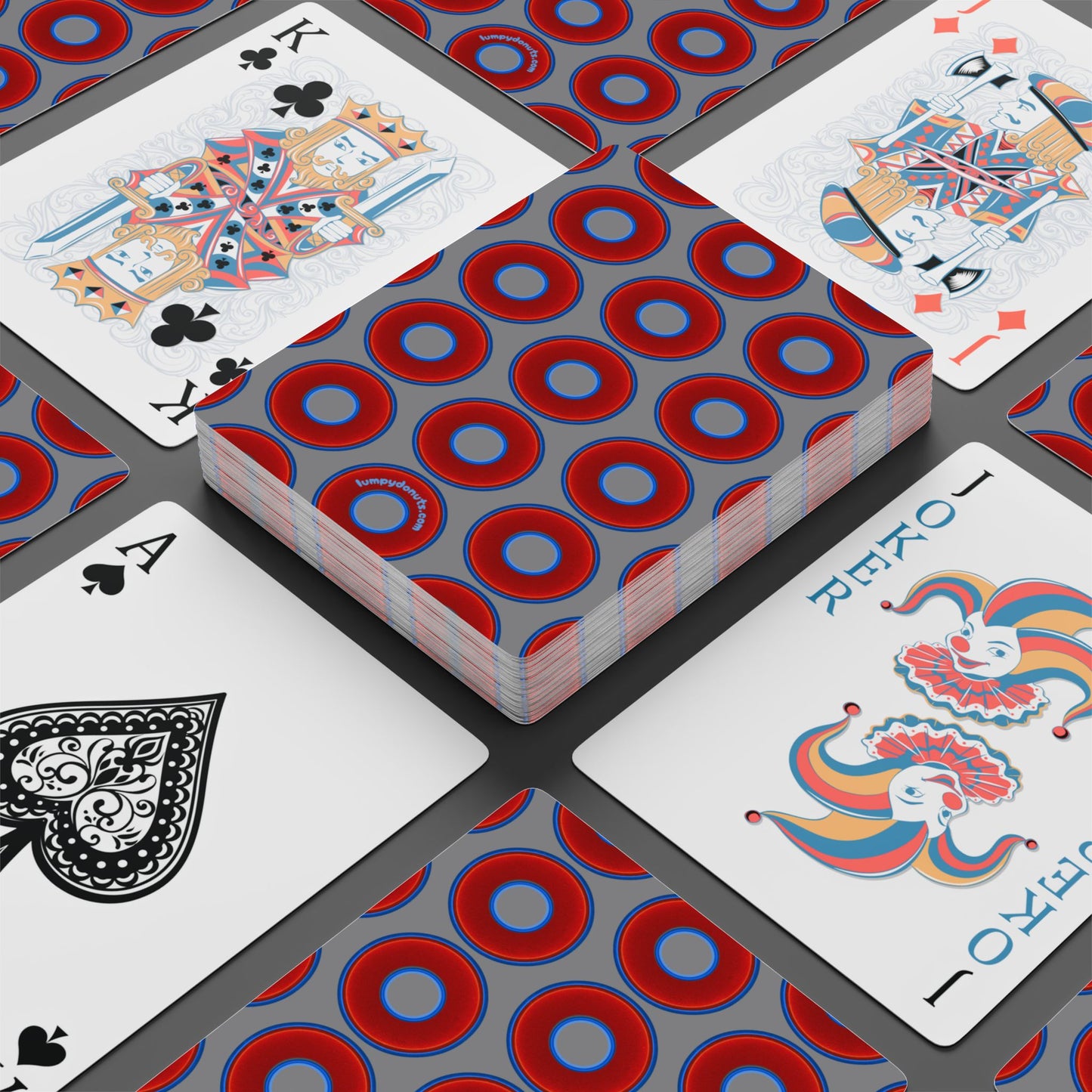 Lumpy Donut Playing Decks - 52-cards - red vivid donuts w/medium gray background