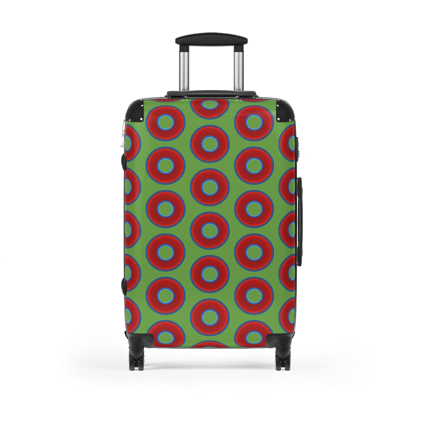 The Very Lumpy Donut Suitcase series - your choice of S, M or L - vivid red donut print w/lime green background