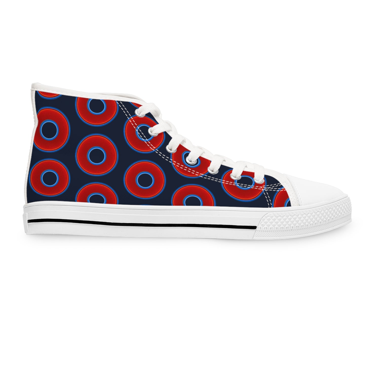 Women's High Top Chuck Taylors - large vivid red donut print w/dark teal blue elite background