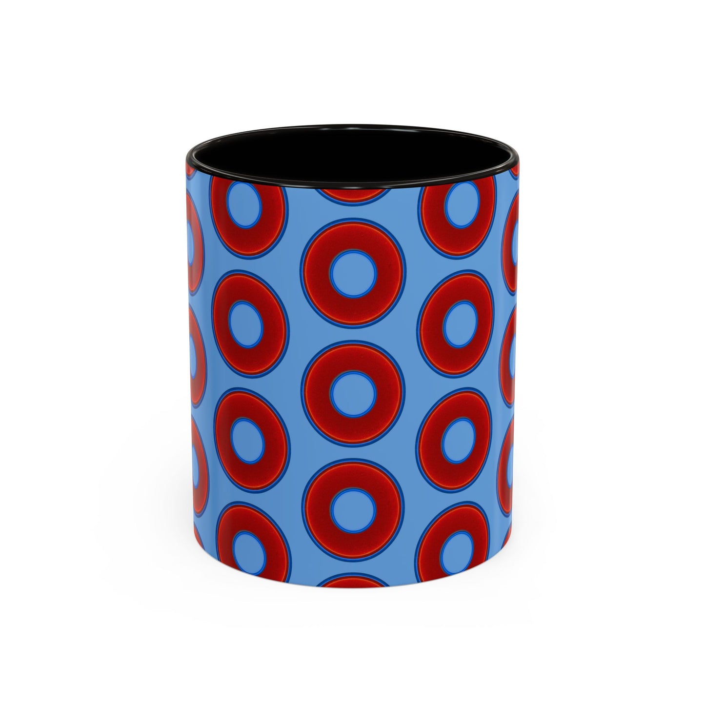 Lump's Grumpy Coffee Mug - vivid red donuts w/light blue background