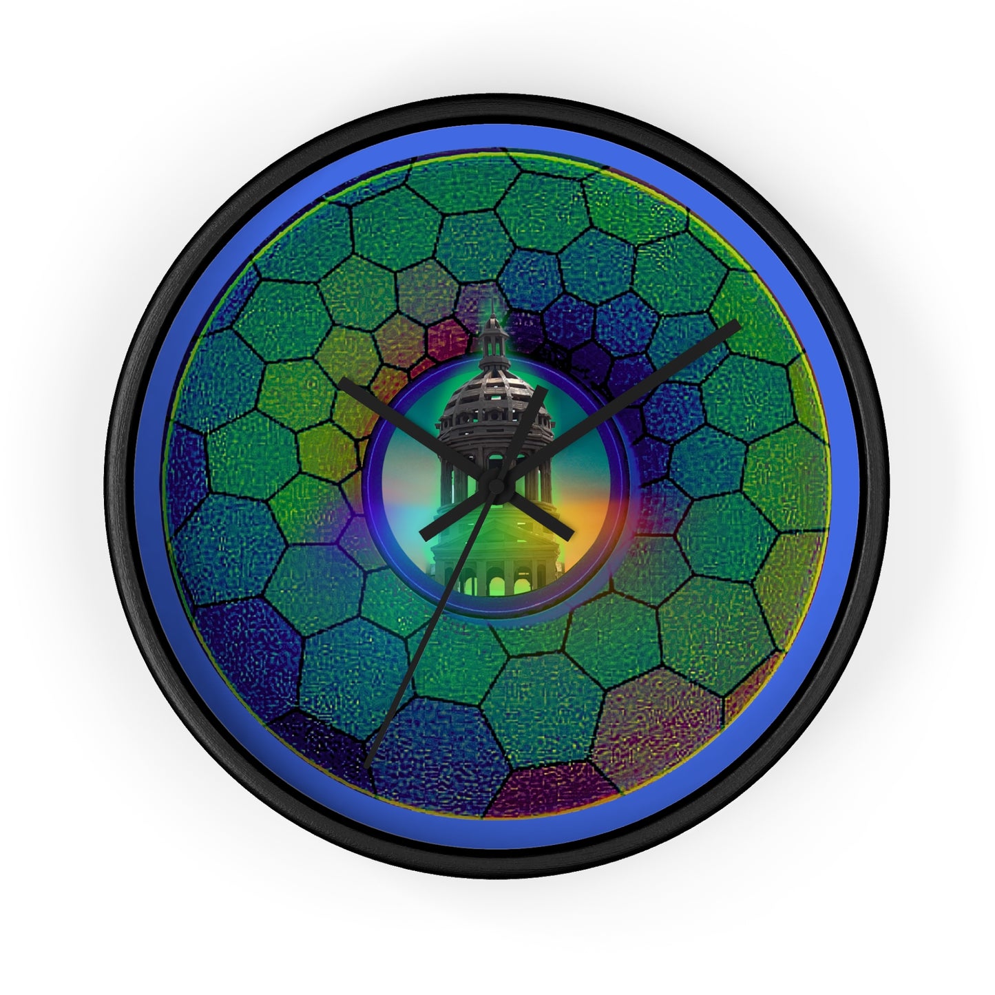 Lumpy Wall Clock - "Save the Mondegreen City Hall Clock Tower" - green hexadonut w/royal blue background