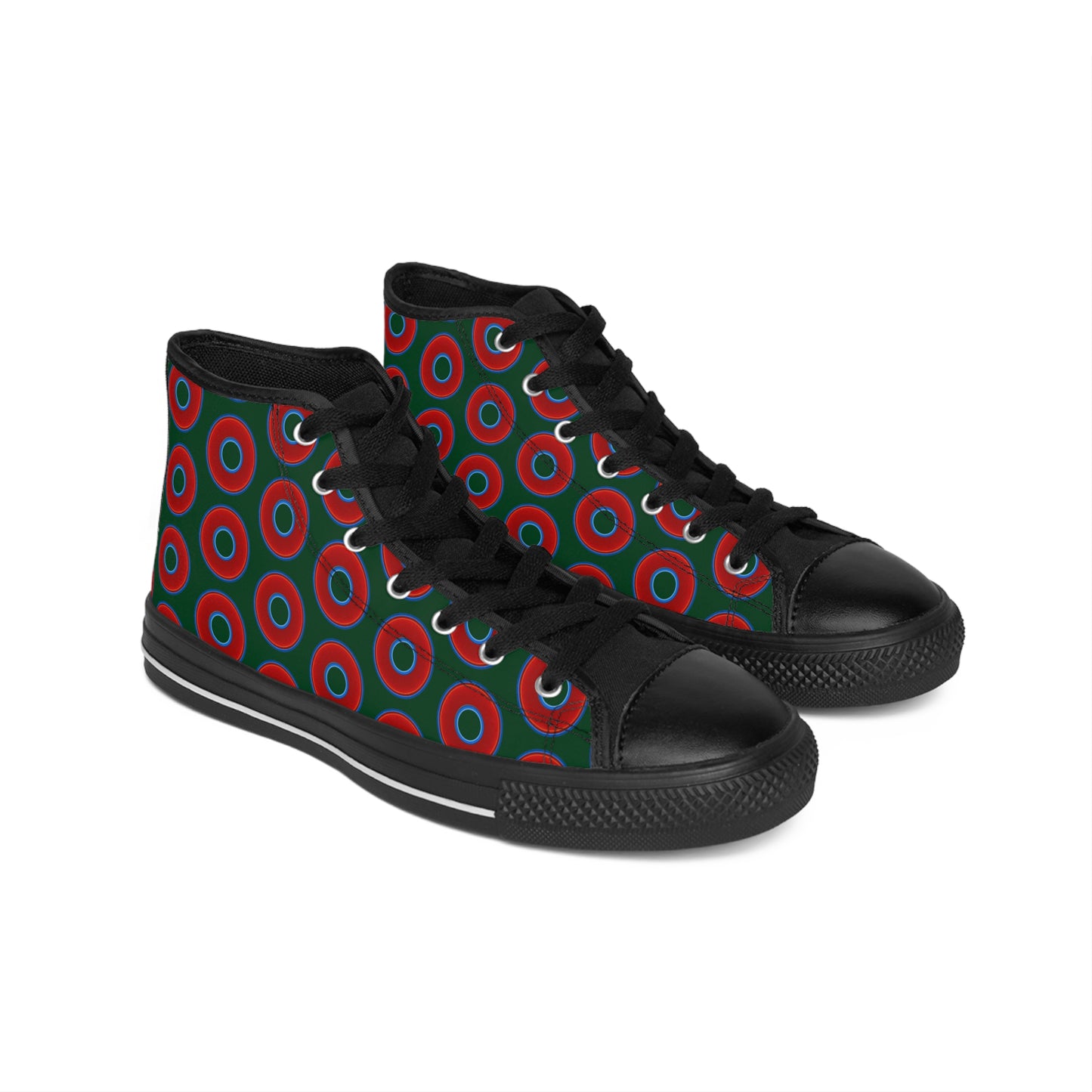 Cushiony Convectors - High Tops - red vivid donuts w/midnight teal green background