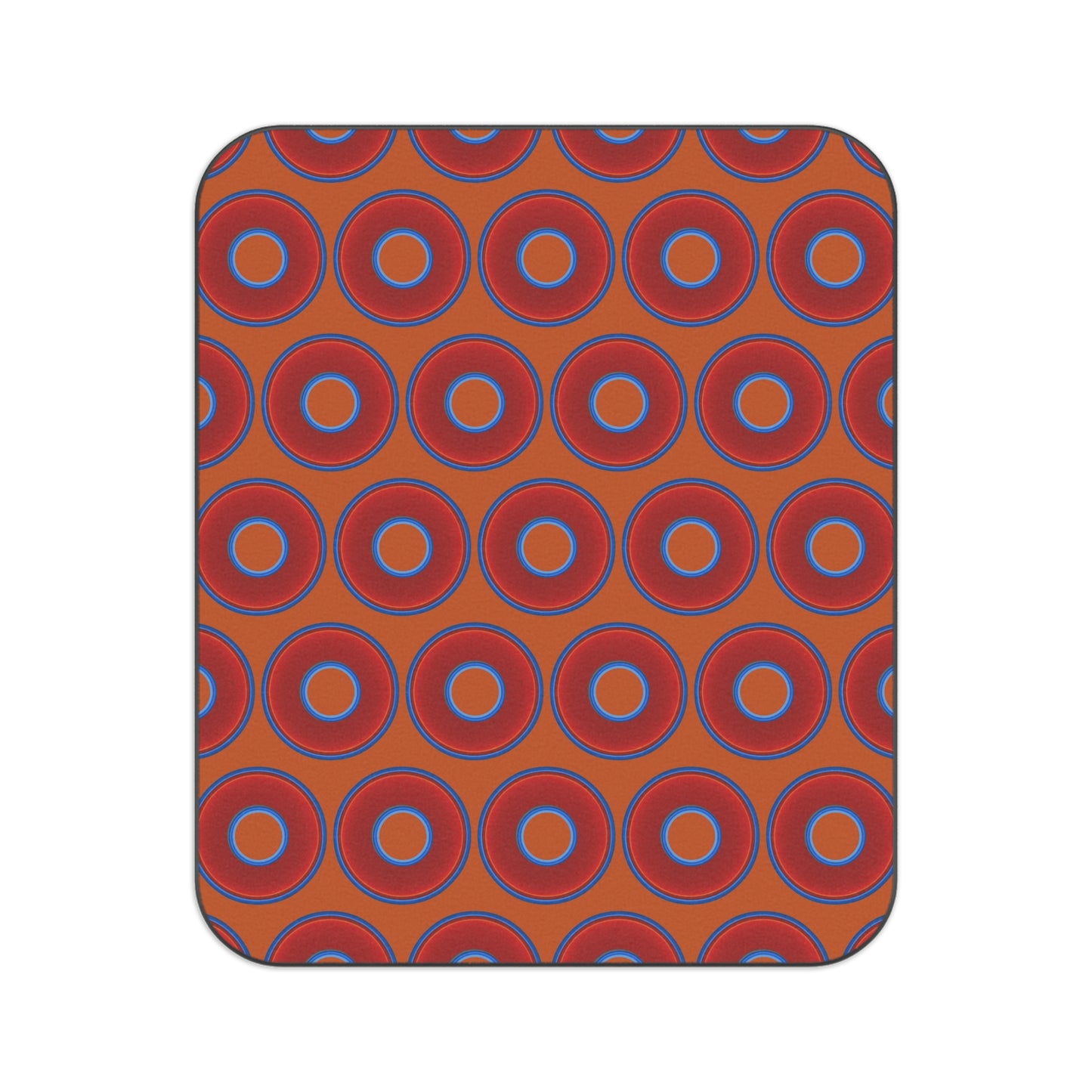 The Lumpy Party Blanket - giant water-resistant outdoor blanket [61" x 51"] - vivid red donuts w/dark orange background
