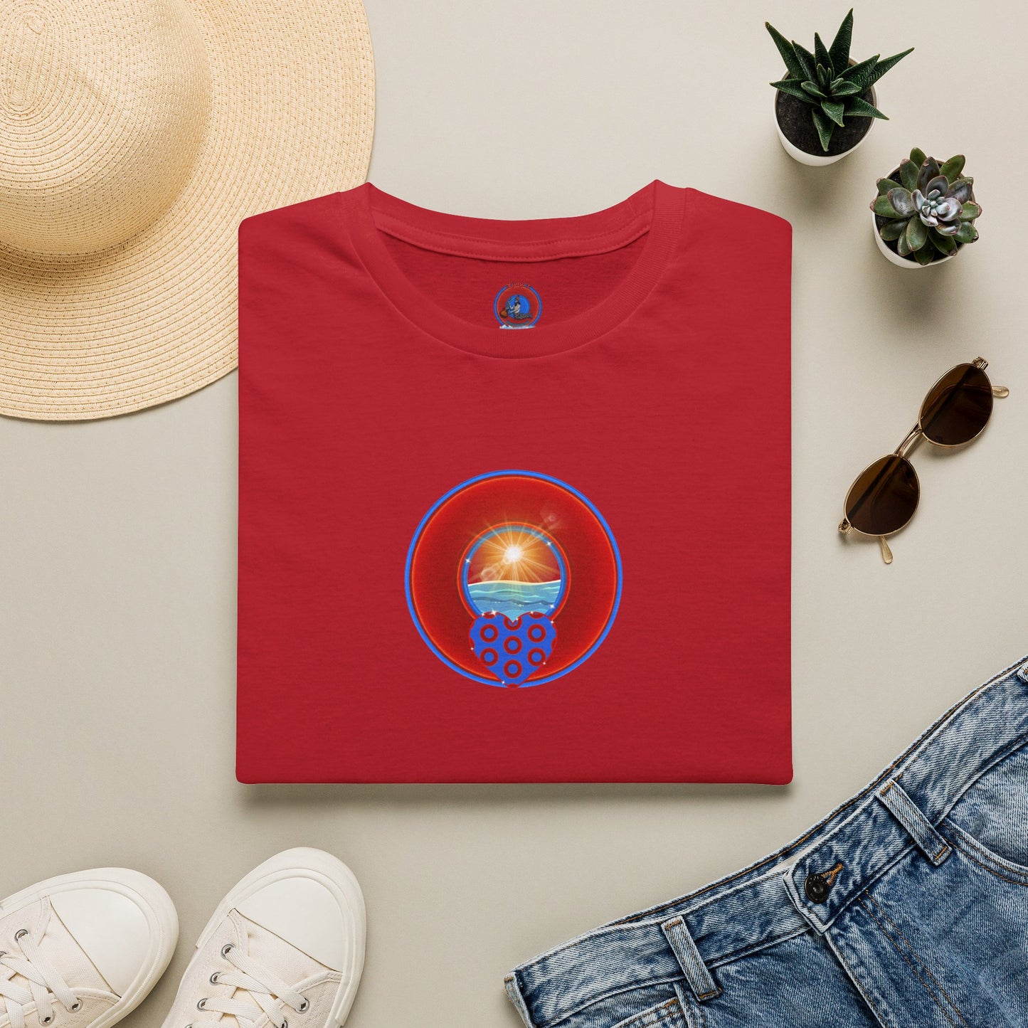 Classic Donut Tee - Unisex Soft-Style - "Ocean Donuts of Love" - vivid red donut - w/sun - variant 2