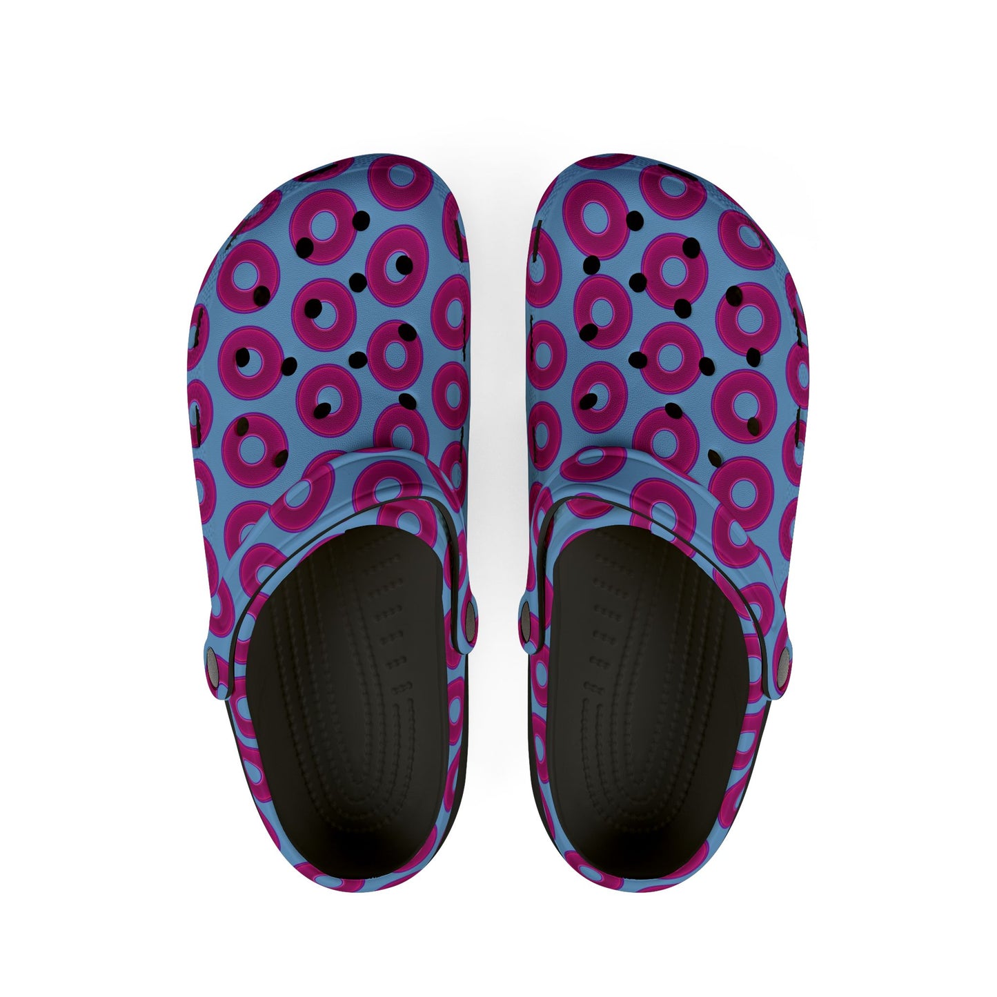Spatchcocks - donut slip-on shoes - vivid magenta donuts w/light blue background [unisex]
