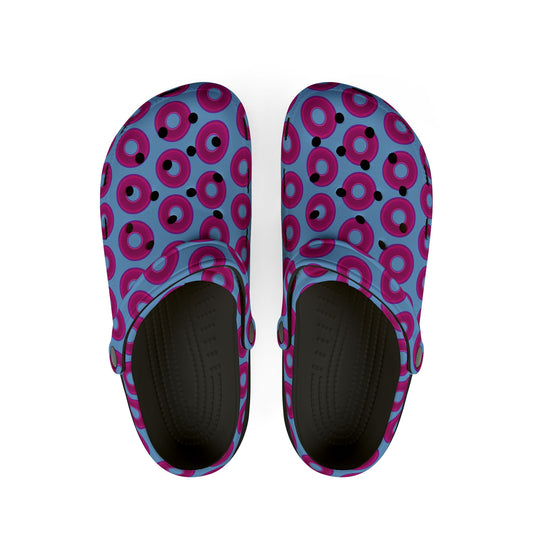 Spatchcocks - donut slip-on shoes - vivid magenta donuts w/light blue background [unisex]
