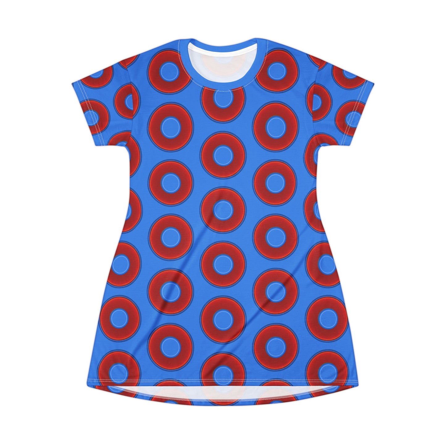 Not a Muumuu AOP Tee Shirt Dress - red vivid donuts w/light royal blue background