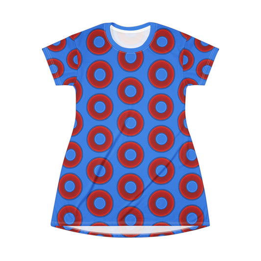 Not a Muumuu AOP Tee Shirt Dress - red vivid donuts w/light royal blue background