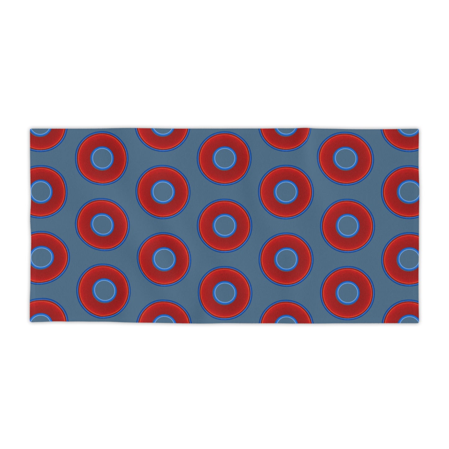 Lumpy Donut Towels - vivid red donuts w/steel blue background