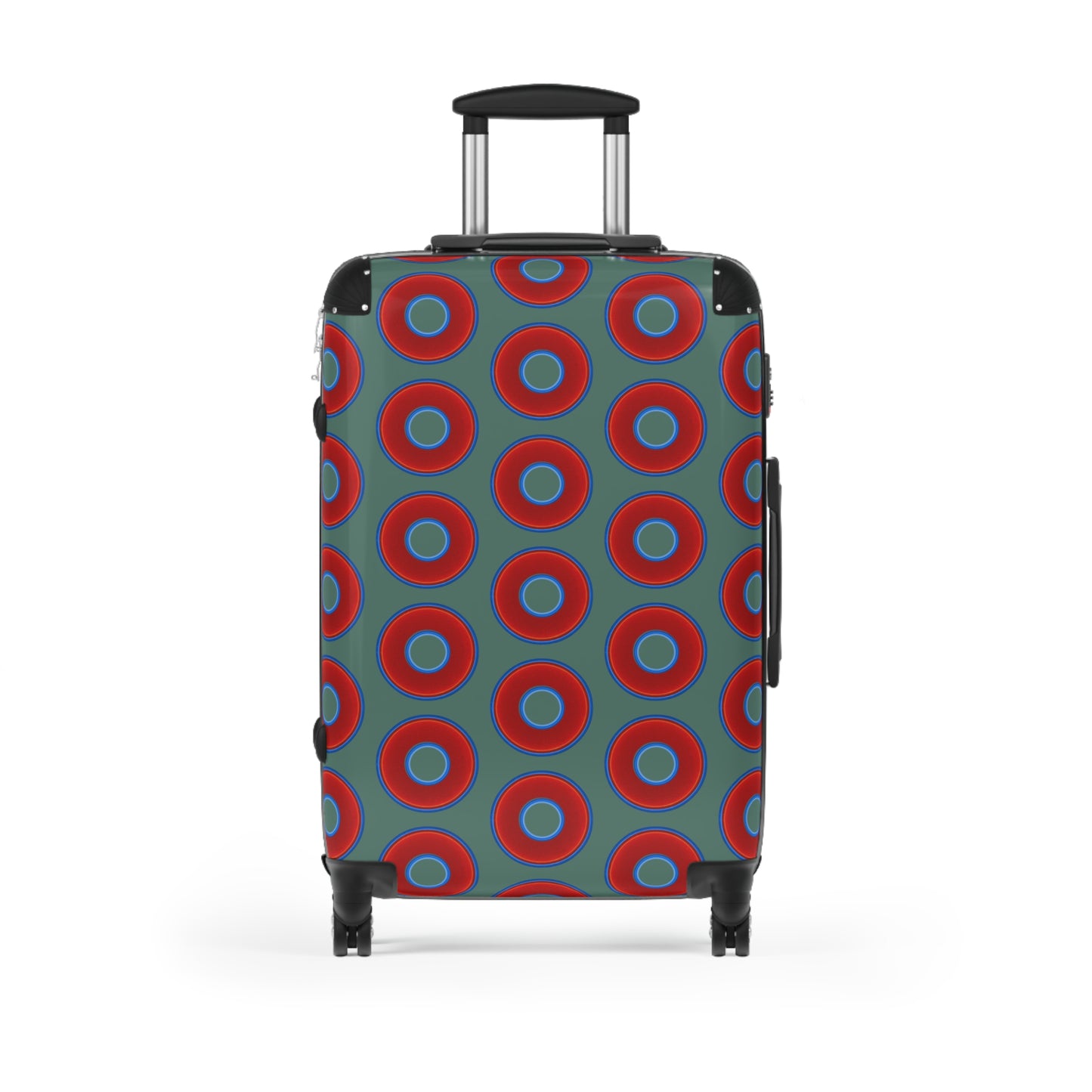 The Very Lumpy Donut Suitcase series - your choice of S, M or L - vivid red donut print w/Fenway green background