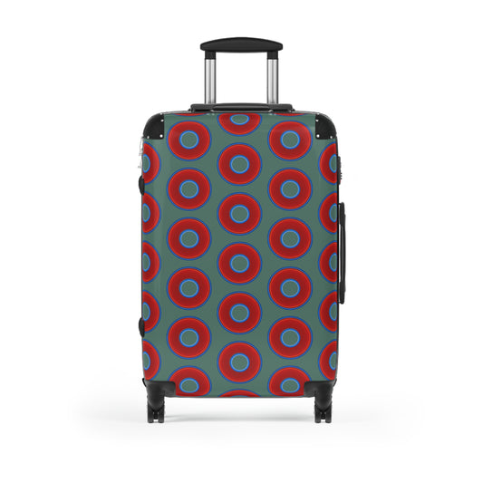 The Very Lumpy Donut Suitcase series - your choice of S, M or L - vivid red donut print w/Fenway green background