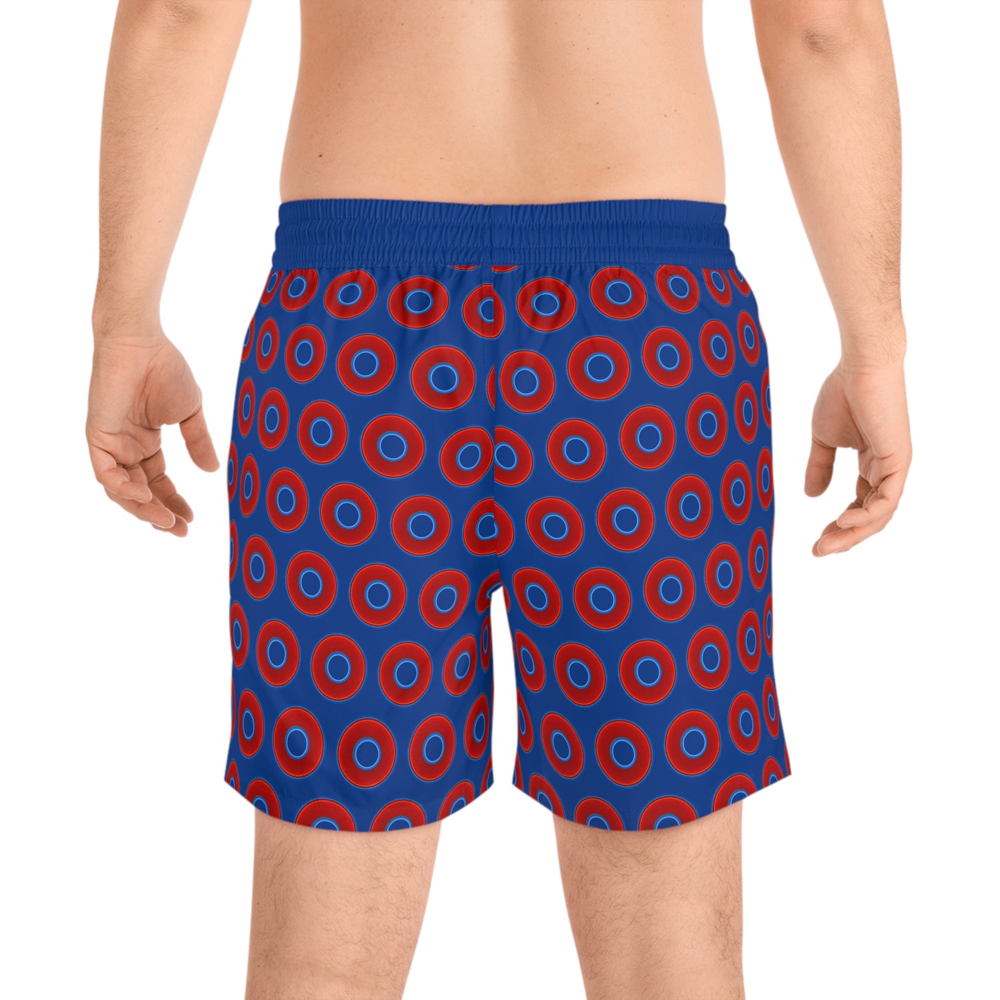 Men's Lumpy Swim Trunks - vivid red donut print w/dark blue background