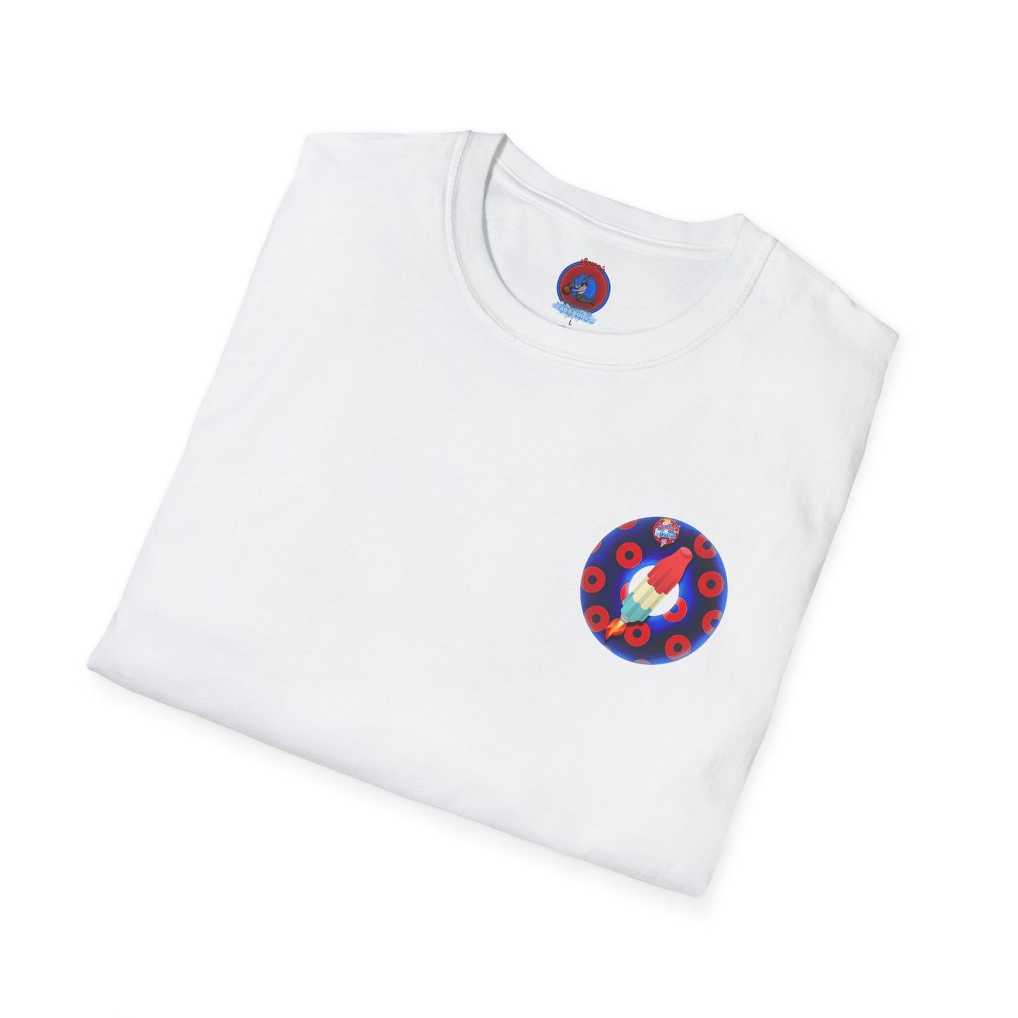 Classic Donut Tee - Unisex Soft-Style - "Blow this Popsicle Stand" - blue/red paradox bomb pop donut - variant 2