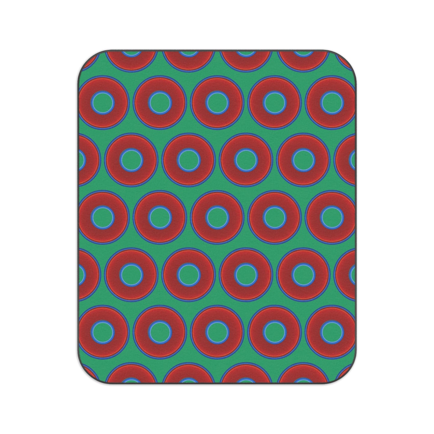 The Lumpy Party Blanket - giant water-resistant outdoor blanket [61" x 51"] - vivid red donuts w/jade green background
