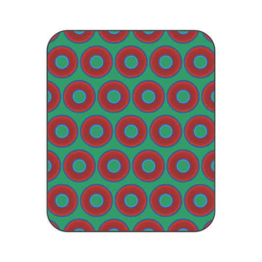 The Lumpy Party Blanket - giant water-resistant outdoor blanket [61" x 51"] - vivid red donuts w/jade green background