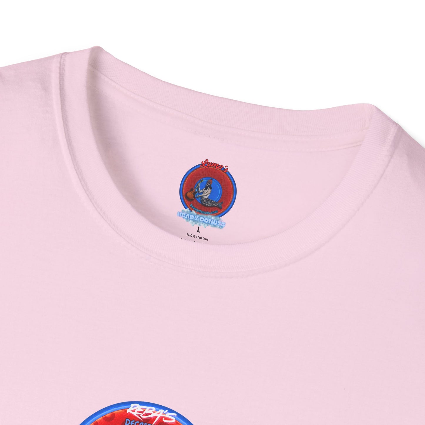 Coffee Traders Tee - Unisex Soft-Style - "Reba's Decaf: Coffee Grounds & Mud " - paradoxical donut - variant 3- front Reba/back logo