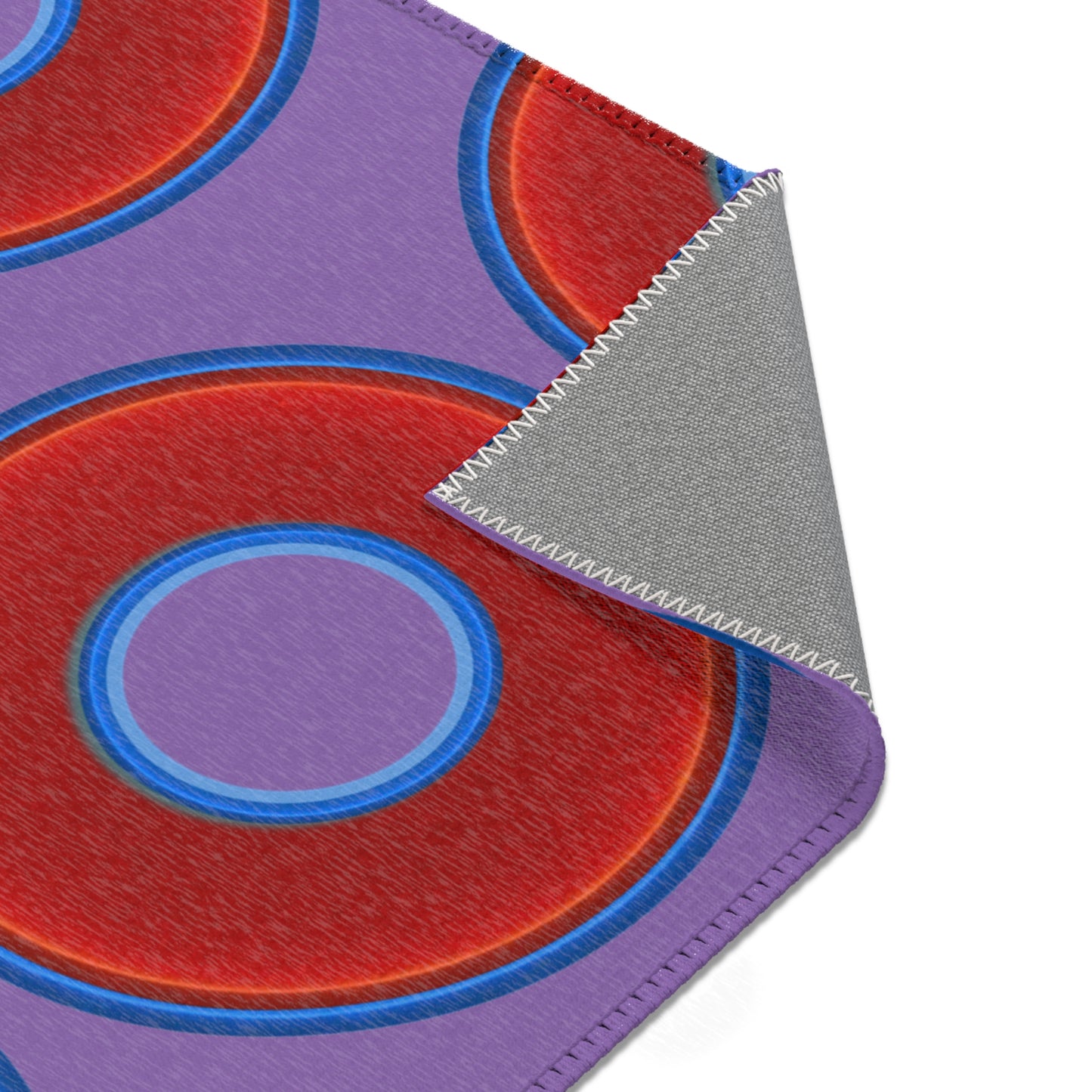 Lumpy Donut Print Rug - choice of 3 sizes - vivid red donut print w/light purple background