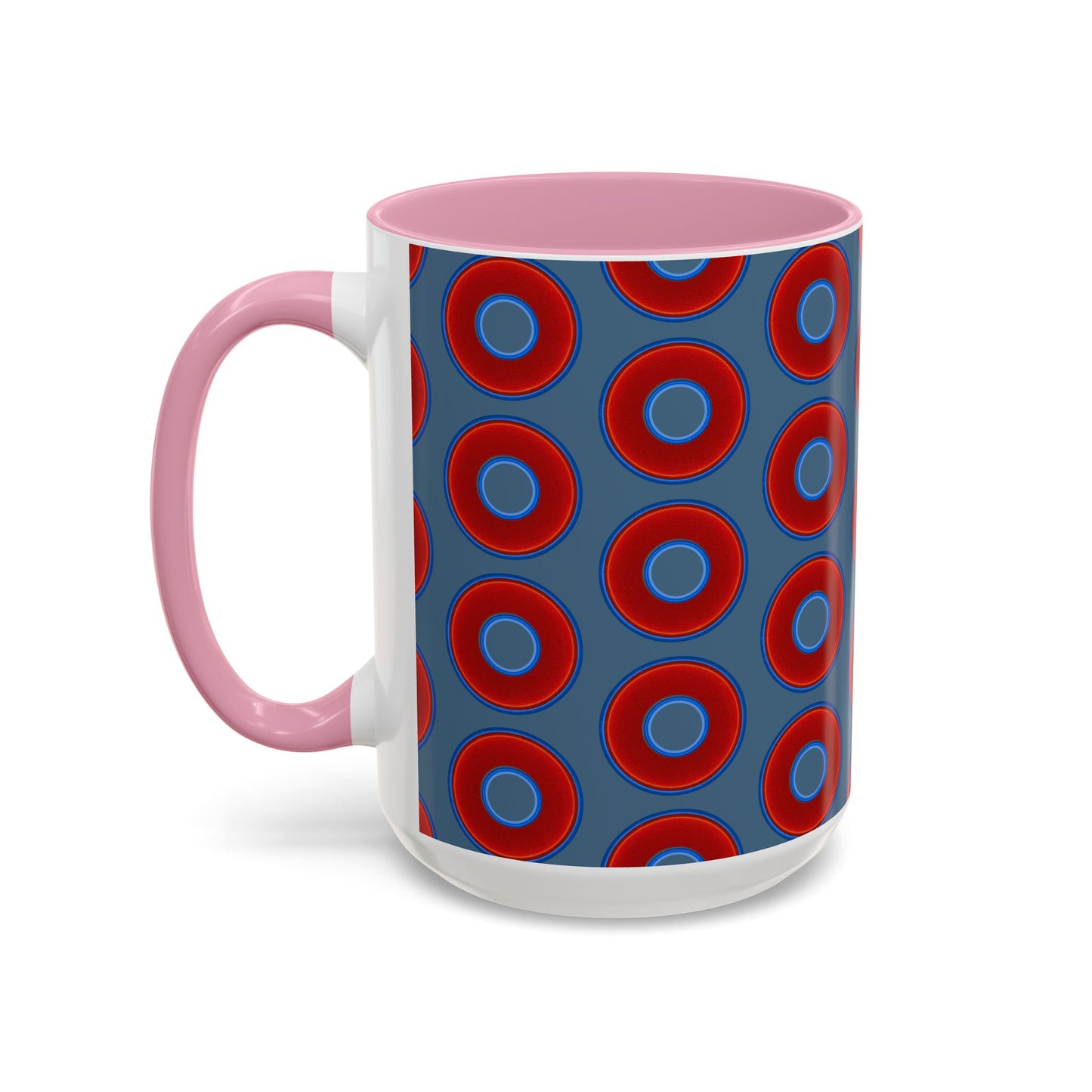 Lump's Grumpy Coffee Mug - vivid red donuts w/steel blue background