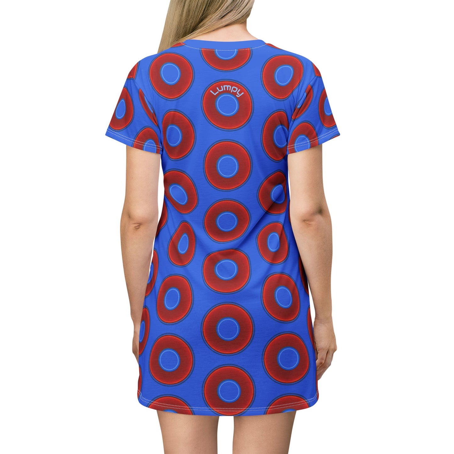 Not a Muumuu AOP Tee Shirt Dress - red vivid donuts w/medium royal blue background