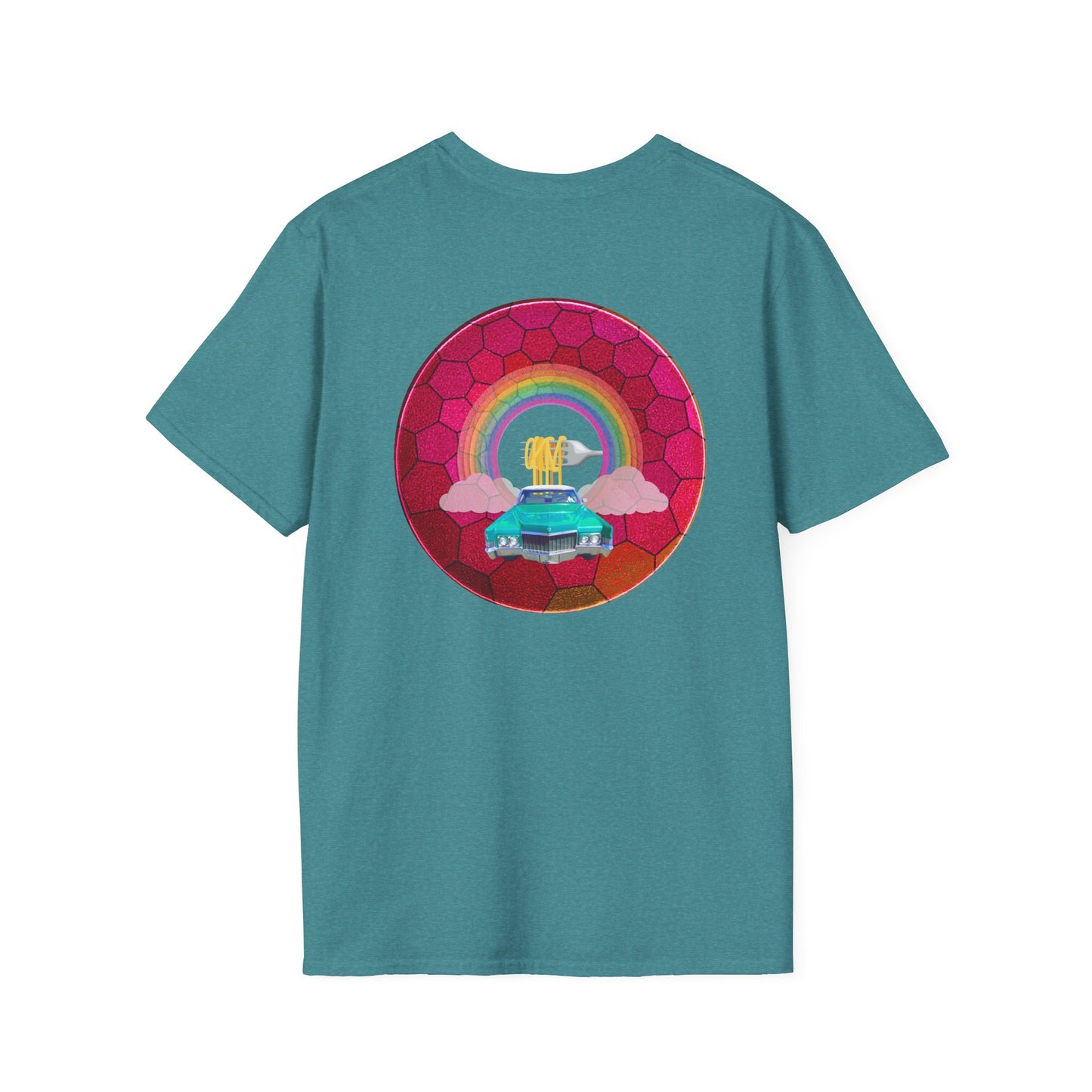Classic Donut Tee - Unisex Soft-Style - "Cadillac Rainbows Donut Tee" - variant 3 - magenta hexadonut w/mint green caddy